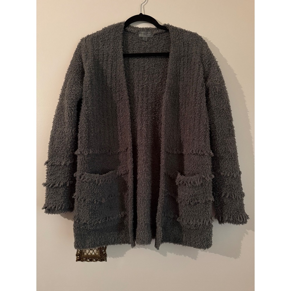 Barefoot Dreams CozyChic Fringe Cardigan Gray Open Front Sweater BDWCC1513 XS